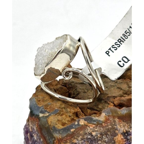 925 Sterling Silver Natural White Druzy Quartz Crystal Ring Size 7 Fine Jewelry - Picture 2 of 10